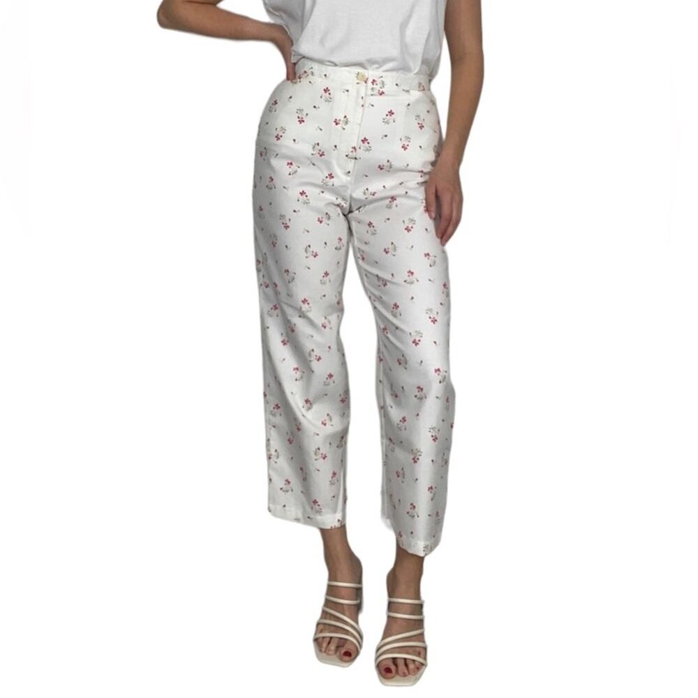 Vintage 90s Y2K Size 10 White & Pink/Red Floating Floral Print Trouser Pants